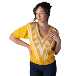 Vintage Nannell Yellow White Sweater S Angora Knit Puff Sleeve Grandmacore Top